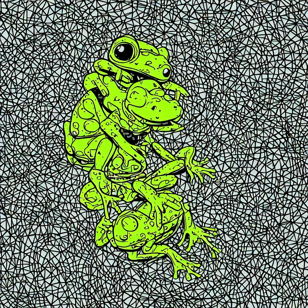 Image similar to toad head, ryuta ueda artwork, breakcore, style of jet set radio, y 2 k, gloom, space, cel - shaded art style, frogs, amphibians, sacred geometry, data, minimal, code, cybernetic, dark, eerie, cyber