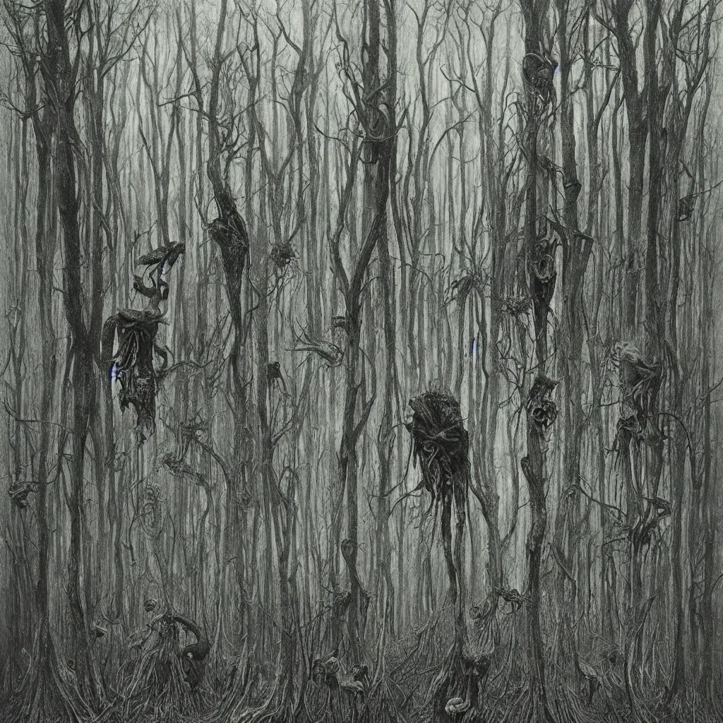 Image similar to a dark forest infested with vile, disgusting, horrible, contorted, insectoid, repugnant, evil, nauseating, vomit, grimy, demonic, insects, style of zdislaw beksinski