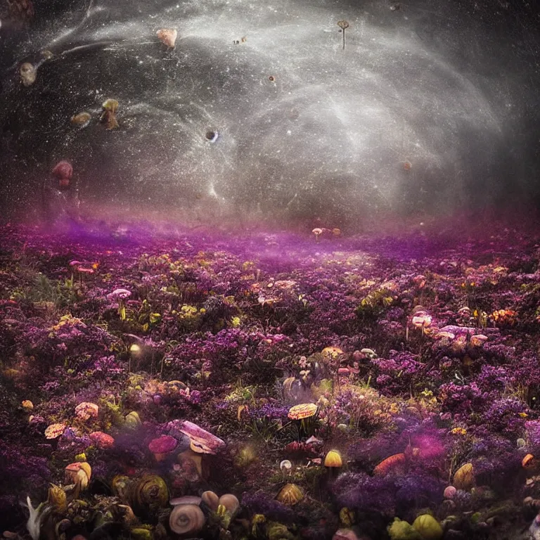 Image similar to a planet of various fungus, mushrooms, flowers and plants, inside the picture is infinity, Atmospheric, artistic photography, conceptual, long exposure outside the city, volumetric light