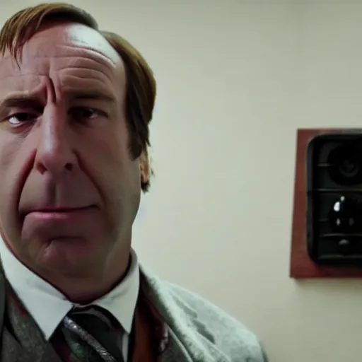 Prompt: Saul Goodman chained in an asylum room, claustrophobic, security camera recording