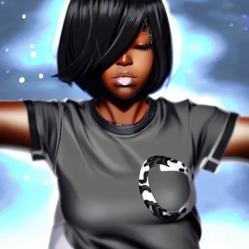 Prompt: black anime manga girl, wearing camo, white french bob, throwing punch to camera pose, realistic, 4 k, artstation, highly detailed, detailed face