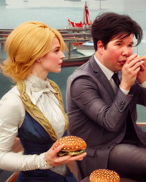 Prompt: Portrait of a blonde lady and Michael mcintyre eating ice burgers in Porto waterfront,real life skin, intricate, elegant, highly detailed, artstation, concept art, smooth, sharp focus, art by artgerm and greg rutkowski and alphonse mucha