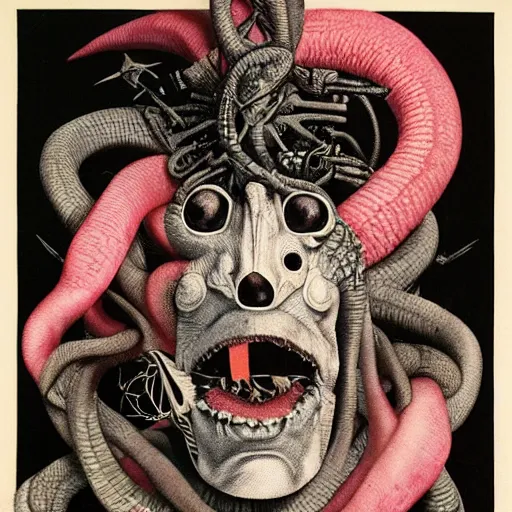 Image similar to post - punk album cover, asymmetrical design, snake, capitalism, magic, apocalypse, psychedelic, black white pastel pink, slightly holographic, magic, giger h. r., giuseppe arcimboldo, peder balke