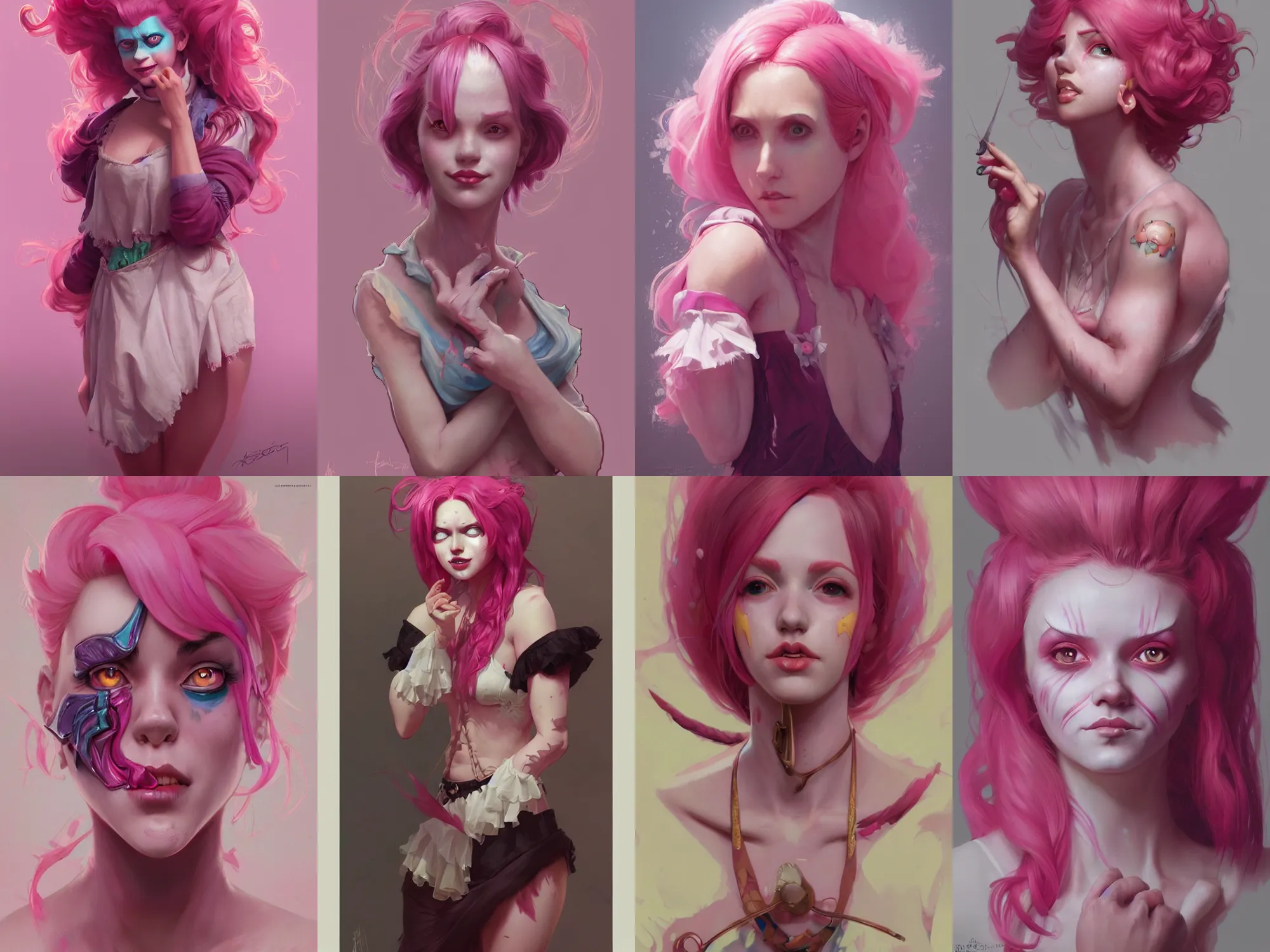 Prompt: clown girl pink hair, highly detailed, digital painting, artstation, concept art, smooth, sharp focus, illustration, art by artgerm and greg rutkowski and alphonse mucha and loish and WLOP