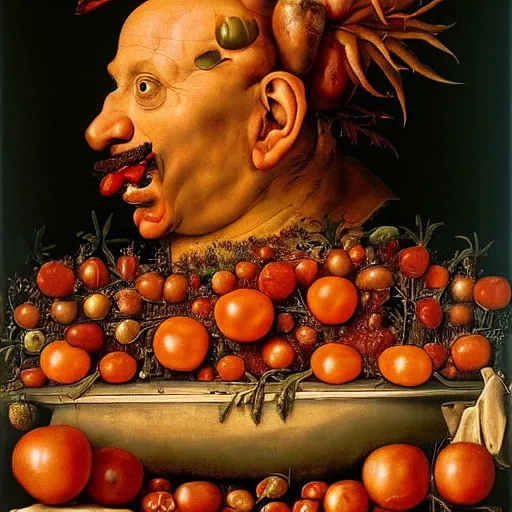 Prompt: a chef sitting in a bathtub full of tomato sauce, dinner is served, by giuseppe arcimboldo and ambrosius benson, renaissance, fruit, intricate and intense oil paint, realistic