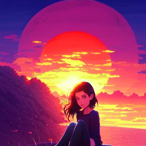 Image similar to Emmy Rossum, sunset, intricate, highly detailed, digital painting, artstation, official media, anime key visual, concept art, rich vivid colors, ambient lighting, sharp focus, illustration, art by Artgerm, Makoto Shinkai, Ilya Kuvshinov, Lois Van Baarle, and Rossdraws