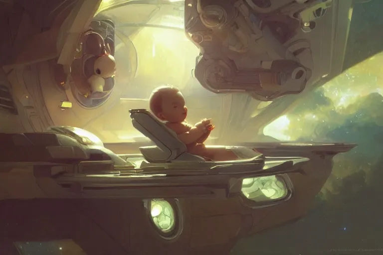 Image similar to A baby in a spaceship highly detailed, digital painting, artstation, the space background,concept art, sharp focus, illustration, art by Krenz Cushart and Artem Demura and alphonse mucha