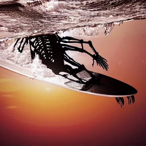 Image similar to photorealistic skeleton hanging ten on a surfboard over a wave