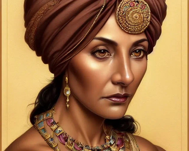 Image similar to mindblowing portrait of an elegant tan woman in her 5 0 s, ornate turban, brown eyes, ruby and gold jewelry, deep focus, symmetrical face, d & d, fantasy, intricate, elegant, highly detailed, digital painting, artstation, concept art, matte, sharp, illustration, hearthstone, art by artgerm and greg rutkowski and alphonse mucha