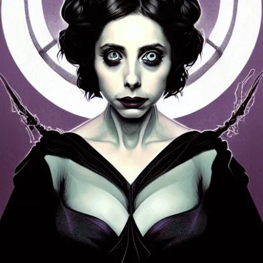 Image similar to beautiful alison brie magician, black magic spells, in the style of joshua middleton, creepy pose, bioshock, spooky, symmetrical face symmetrical eyes, three point lighting, detailed realistic eyes, aquapunk, insanely detailed and intricate elegant, artgerm, underwater home