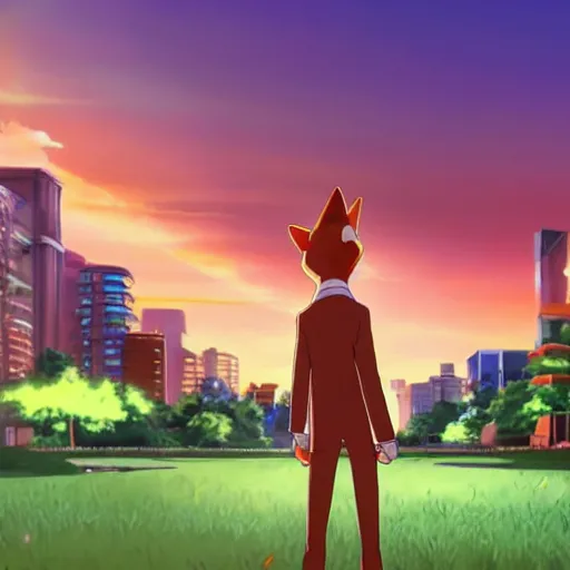 Prompt: nick wilde in a white tuxedo, standing in a city park at sunset, modern anime style, official anime still, studio trigger