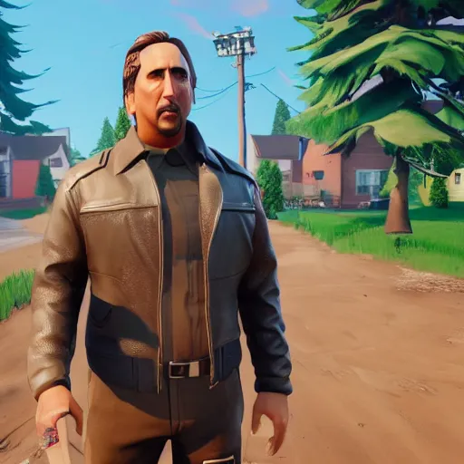 Prompt: nicholas cage in fortnite, character render, full body shot, highly detailed, in game render