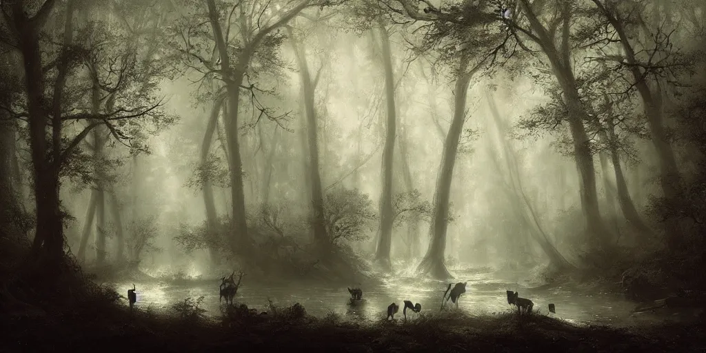 Image similar to [ a dark scene of a dense forest at night with a gentle stream through it, moonlight through trees, volumetric light and mist, fog, deer drinking from the stream ], andreas achenbach, artgerm, mikko lagerstedt, zack snyder, tokujin yoshioka