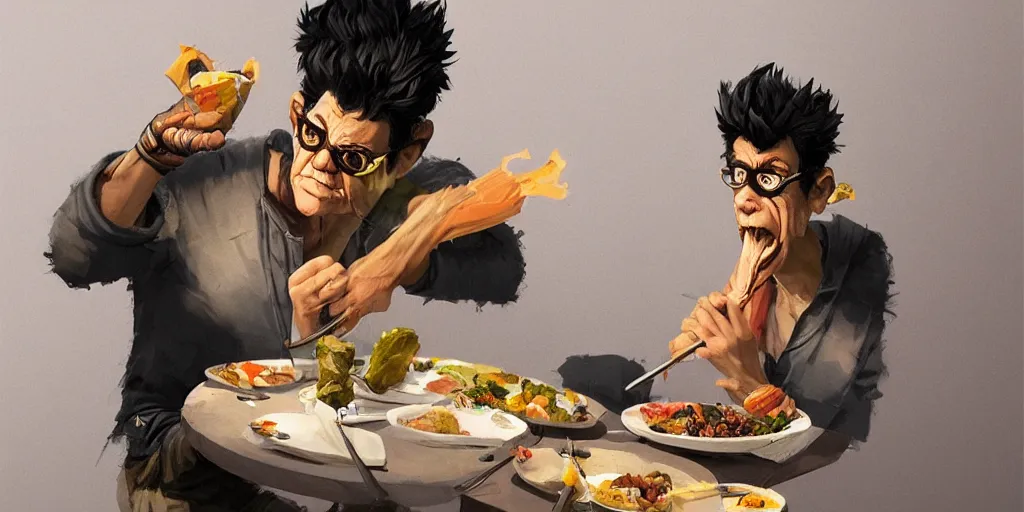 Image similar to cartoonish lou reed eating dinner, vivid colors, character sheet, fine details, concept design, contrast, kim jung gi, greg rutkowski, trending on artstation, 8 k, full body, turnaround, front view, back view, ultra wide angle