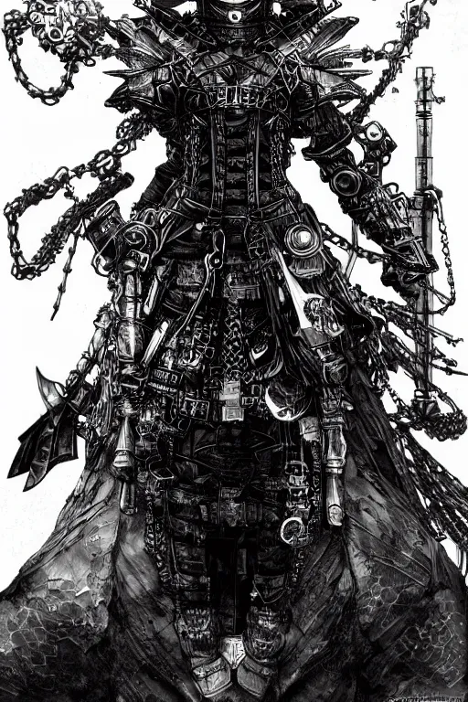 Image similar to a vertical portrait of a character in a scenic environment by Yoshitaka Amano and Nihei Tsutomu, black and white, dreamy, steampunk armor, black hair, highly detailed