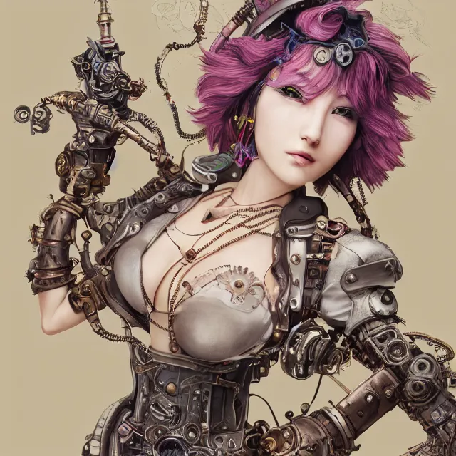 Prompt: the portrait of true neutral semi - colorful female steampunk cyborg mechanist as absurdly beautiful, gorgeous, elegant, young gravure idol, an ultrafine hyperdetailed illustration by kim jung gi, irakli nadar, intricate linework, bright colors, octopath traveler, final fantasy, unreal engine 5 highly rendered, global illumination, radiant light, detailed and intricate environment