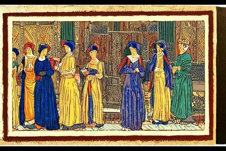 Prompt: parisian ladies on promenade byzantine style colour woodblock detailed fine quality print