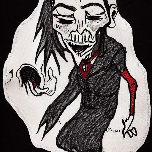 Image similar to hand-drawn doodle of Dracula using the toilet on the back of a napkin