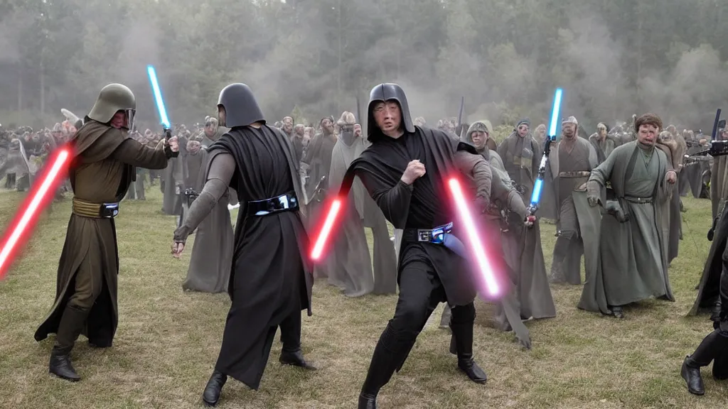 Image similar to jedi battle of zelensky against putin, in the style of star wars