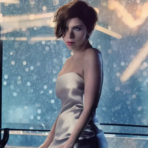 Prompt: a beautiful medium - shot of scarlett johansson as motoko kusanagi, beautiful soft light, blue hour, bokeh, by annie leibovitz