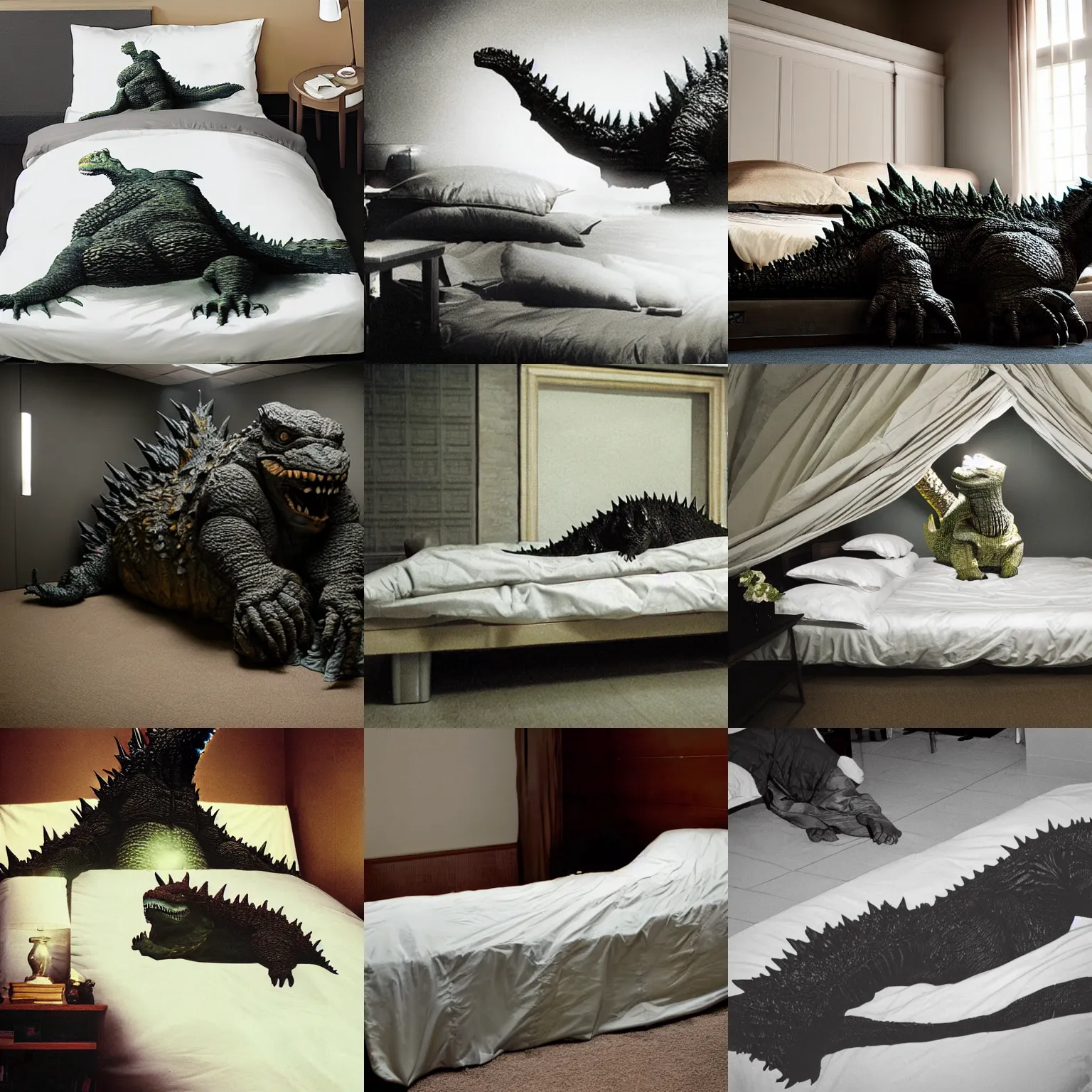 Prompt: godzilla lays in bed under bed sheets in a large room