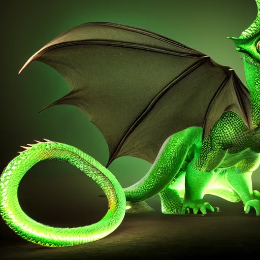 Image similar to green dragon, smiling, studio shot, volumetric lighting, 8 k, real life picture, realistic, hyperdetailed, no blur, shadows