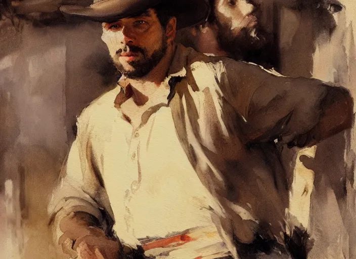 Image similar to oil watercolor painting of young rugged man in western bar, shaven stubble, short hair, mysterious light, art by anders zorn, wonderful masterpiece by greg rutkowski, beautiful cinematic light, american romanticism by greg manchess, creation by tyler edlin