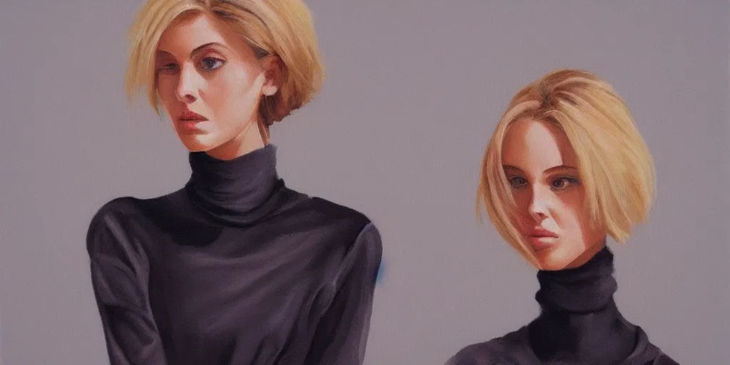 Image similar to gorgeous painting of a beautiful tall shirt haired woman wearing a turtleneck, artstation