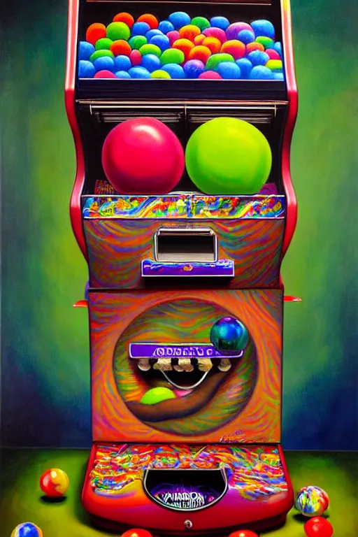 Image similar to a hyperrealistic painting of a gross gum ball machine with ugly prizes, cinematic horror by jimmy alonzo, the art of skinner, chris cunningham, lisa frank, richard corben, highly detailed, vivid color,