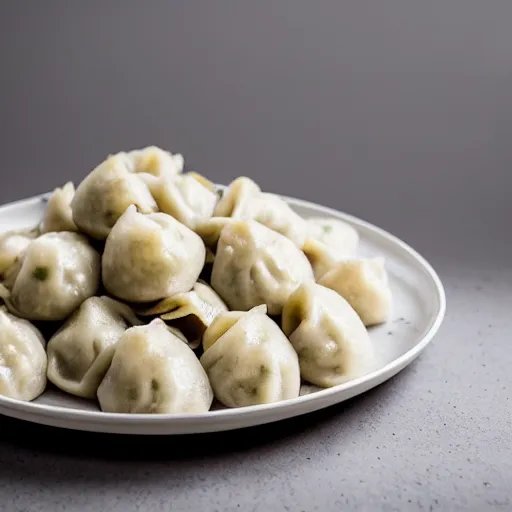 Prompt: pile heap of dozens of hot dumplings with more dill on a plate, studio light, grey warehouse background, cinematic, bokeh, hyperrealistic photo, 8k, feel of depth