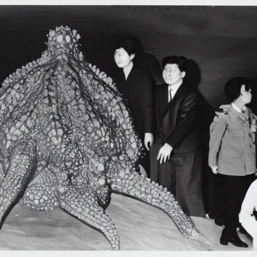 Image similar to rare vintage footage of a giant Kaiju Starfish monster, overshadowing Kim Jong-il, shin sang-ok and Choi Eun-hee escaping, obscured underexposed view