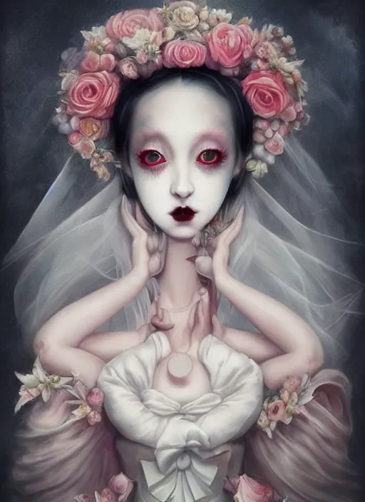 Prompt: pop surrealism, lowbrow art, realistic cute bride white gown girl painting, japanese street fashion, hyper realism, muted colours, rococo, natalie shau, loreta lux, tom bagshaw, mark ryden, trevor brown style,