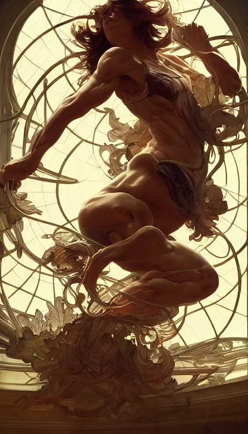 Image similar to fibonacci, sweaty, dynamic action pose, insane, intricate, highly detailed, digital painting, artstation, concept art, smooth, sharp focus, illustration, Unreal Engine 5, 8K, art by artgerm and greg rutkowski and alphonse mucha