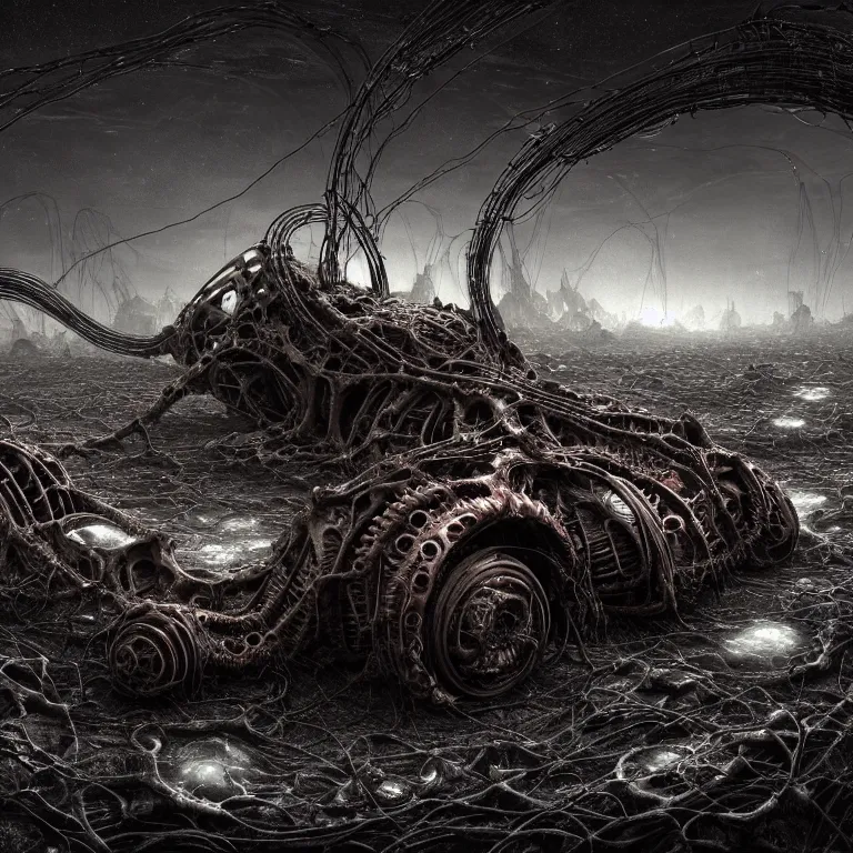 Prompt: ribbed abandoned biomechanical organic crashed car wreck on exoplanet at night, in a desolate empty wasteland, covered with organic roots, wires, tentacles, creepy, nightmare, dream-like heavy atmosphere, surreal abandoned buildings, baroque painting, beautiful detailed intricate insanely detailed octane render trending on Artstation, 8K artistic photography, photorealistic, chiaroscuro, cinematic volumetric light, Raphael, Caravaggio, Beksinski, Giger