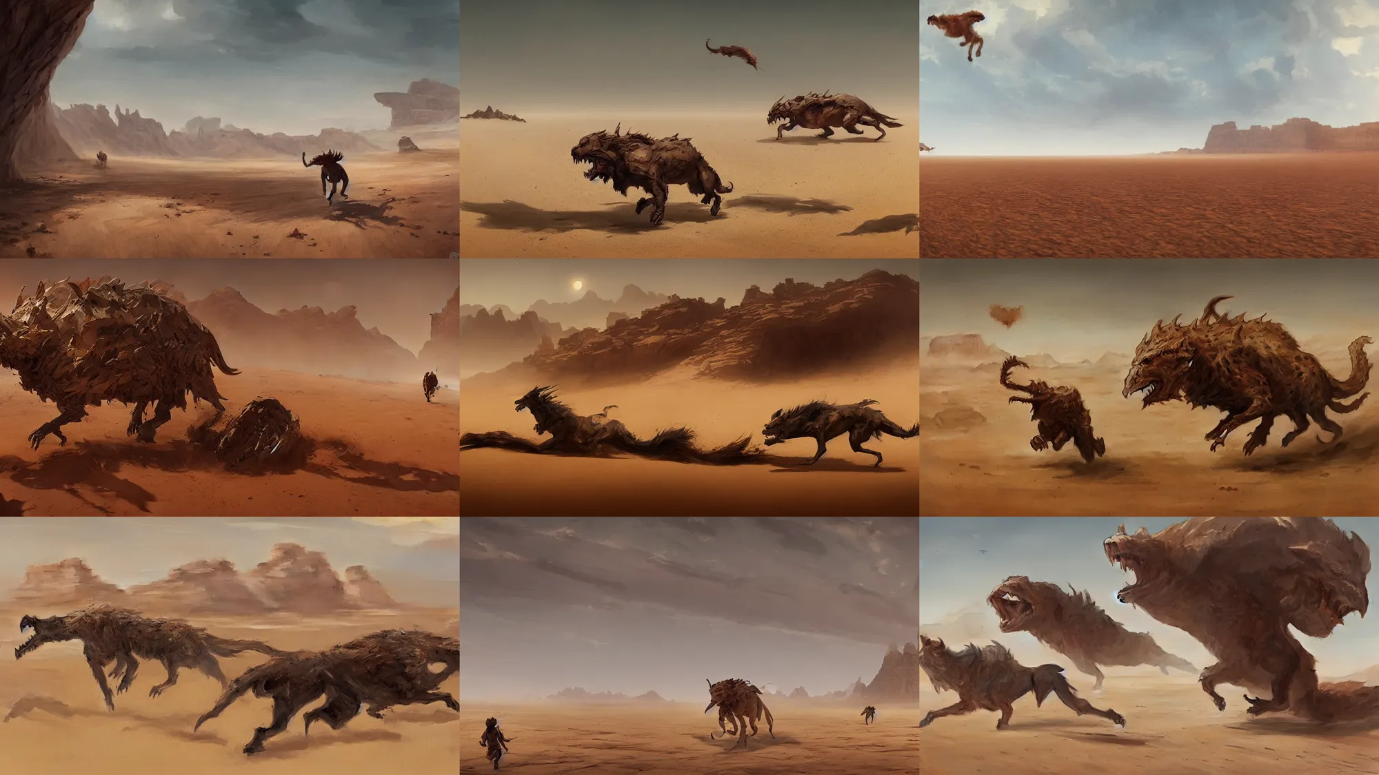 Prompt: hungry beast running across the open desert, empty desert, sand, karst landscape, wide shot, concept art by greg rutkowski