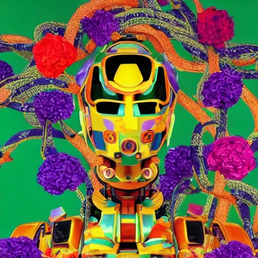 Image similar to colourful vfx art - portrait of army mecha robot wrapped in flowers & vines, art by utagawa kunisada & tadanori yokoo, volumetric light, ray tracing, sharp, detailed, digital painting, illustration, highly detailed, intricate detail, unreal engine, octane render, pinterest, behance, art station,