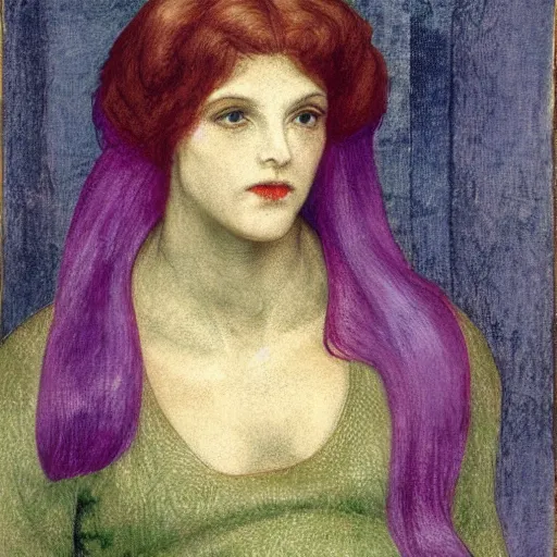 Prompt: bald young female with purple skin by Rossetti