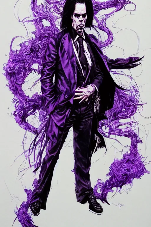 Image similar to full body portrait of nick cave with a lot of purple smoke coming out of his mouth, concept art, sumi - e style, intricate linework, artstation, trending, highly detailed, smooth, focus, art by yoji shinkawa and glenn fabry,