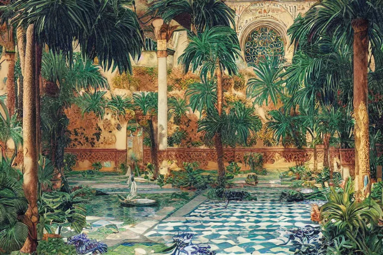 Image similar to painting of a beautiful moorish palace courtyard garden, by jan schmuckal and maxfield parrish and evelyn de morgan and waterhouse and dante rossetti, patterned tilework, palm trees, tiled fountains, sun and shade, extremely detailed, dramatic cinematic lighting, smooth sharp focus, featured on artstation