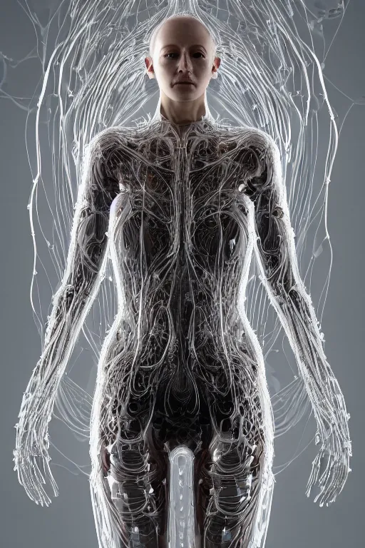 Image similar to iris van herpen, perfect symmetrical body, full body shot, inflateble shapes, wires, tubes, veins, jellyfish, white biomechanical details, wearing epic bionic cyborg implants, masterpiece, intricate, biopunk, vogue, highly detailed, artstation, concept art, cyberpunk, octane render