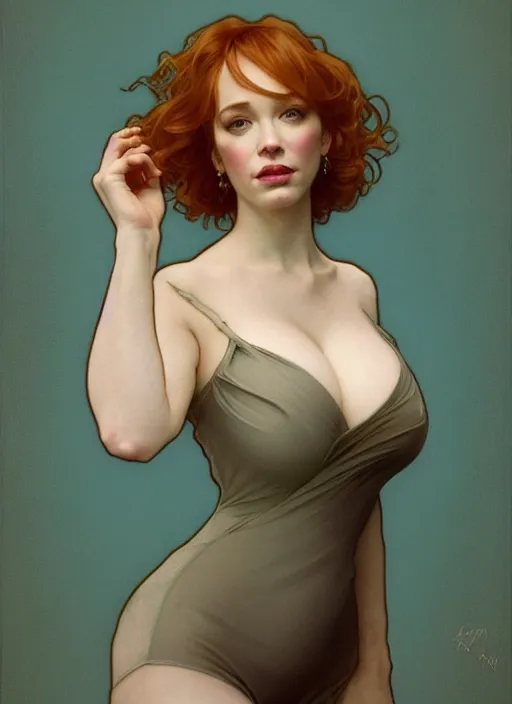 Image similar to full body portrait of christina hendricks in elegant leotard portrait by artgerm and greg rutkowski and alphonse mucha, trending on artstation, cinematic light, pastel colors, volumetric shading, high radiosity dull skin, global illumination, radiant light, soft light, soft color dodge, subsurface scattering