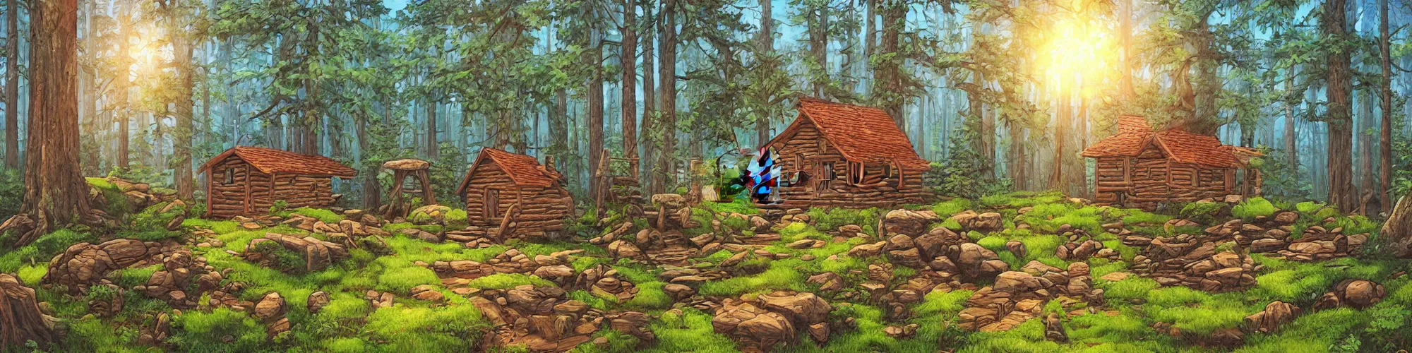 Prompt: isometric painting of ancient forest with mystical cozy cabin highlighted by sun