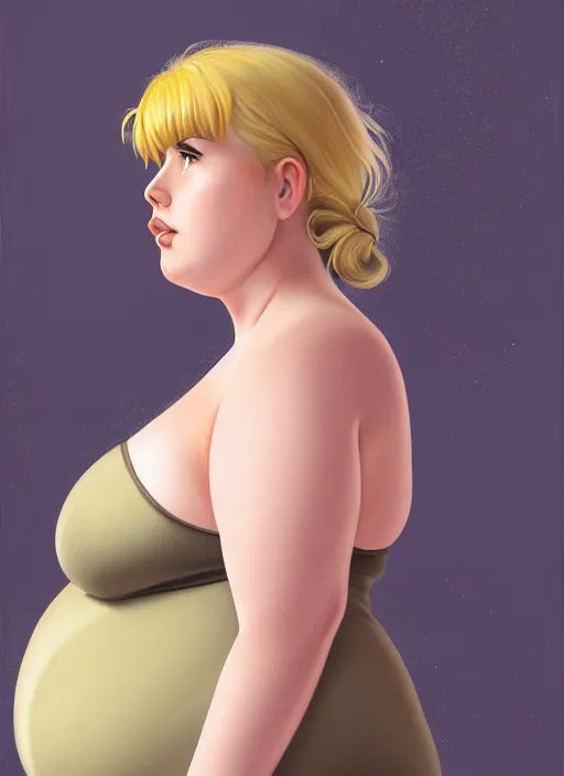 Image similar to full body portrait, teenage betty cooper, blonde hair, obese, bangs, ponytail, sultry, realistic, sultry smirk, fluffy bangs, curly bangs, fat, belly, beautiful girl, intricate, elegant, highly detailed, digital painting, artstation, concept art, smooth, sharp focus, illustration, art by wlop, mars ravelo and greg rutkowski