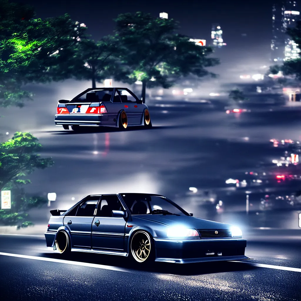 Prompt: a car JZX100 twin turbo drift in middle of road, Gunma prefecture, city midnight mist lights, cinematic lighting, photorealistic, detailed alloy wheels, highly detailed