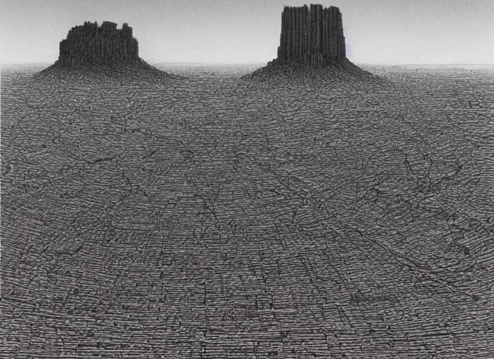 Prompt: a desolate vast infinite desert landscape with a lonely looming highly detailed greebled brutalist tower of babel monolith in the center, drawn by tsutomu nihei and painted by zdzislaw beksinski, inked in bright red ink, crimson