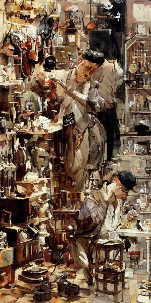 Image similar to oil painting scene from shoemaker's shop by kim jung gi