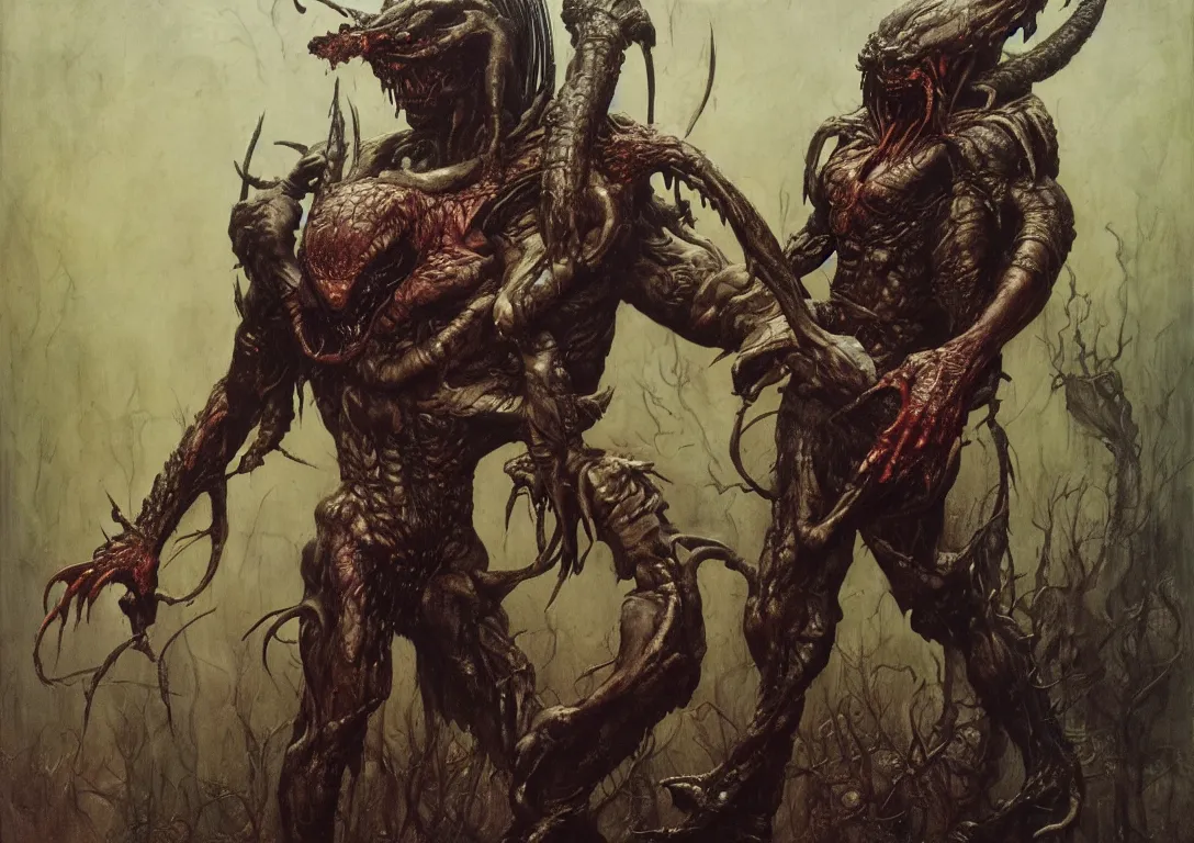 Image similar to the predator in the style of wayne barlowe, gustav moreau, goward, bussiere, roberto ferri, santiago caruso, luis ricardo falero, dali