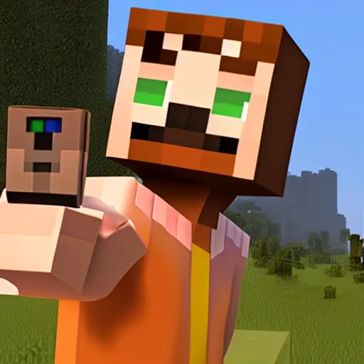 Image similar to minecraft steve!!!! holding!!!!! an iphone in his hand!!!!!!, 4 k, 8 k, photorealistic imagery