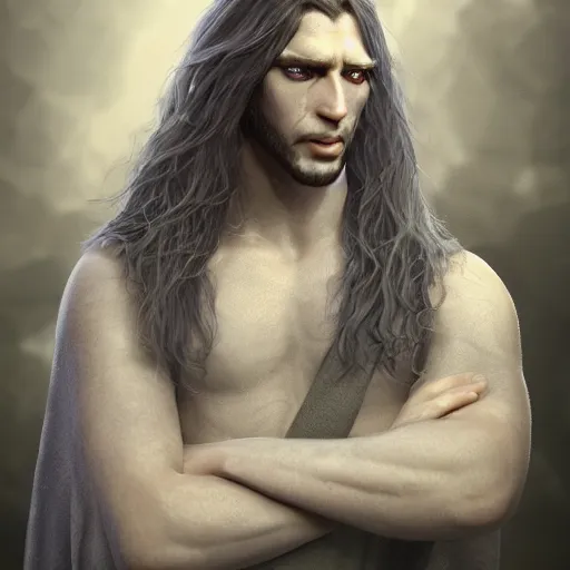 Image similar to a highly detailed portrait of a man with purple eyes, light gray long hair, beardless, without a beard, wearing a black cloak, artstation, DeviantArt, professional, octane render