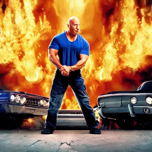 Image similar to Action scene from Mr. Clean with Mr. Clean played by Vin Diesel. Vin Diesel attempts to clean the floor despite multiple explosions and shots. Cinematic, technicolor, crisped colors, highly intricate